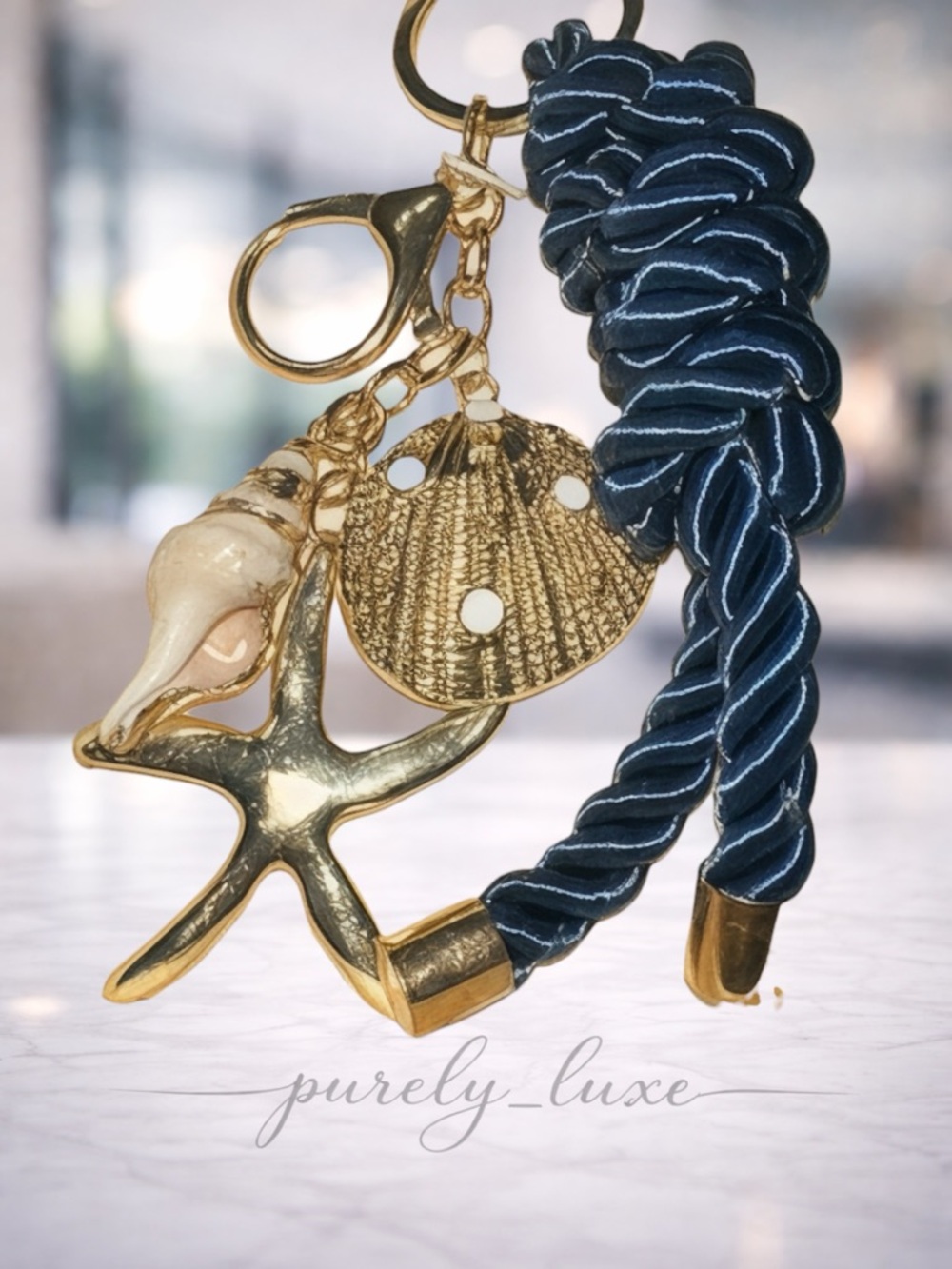 Navy Rope and Gold Seashell Keychain Charm
